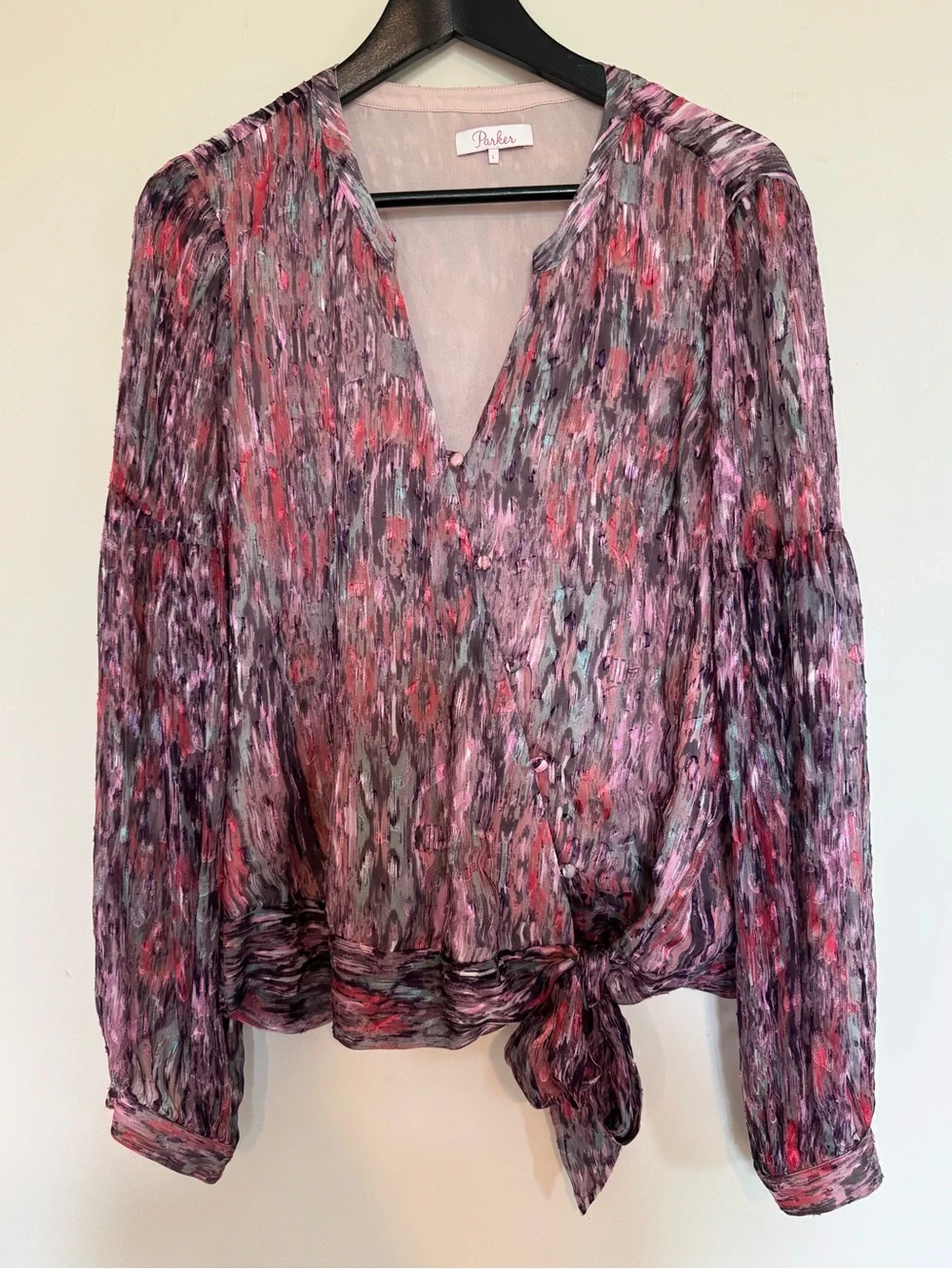 Parker Niko Silk Blend Batik Print Tie-Front Blouse Size Large